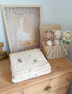 The Heirloom Blanket - Blueberries - 9 Layer Gauze Blanket with Lace Trim - Buttermilk