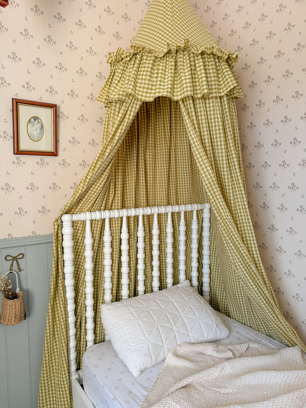 Gingham Bed Canopy - Vintage Country Green - with Frilly Fringe