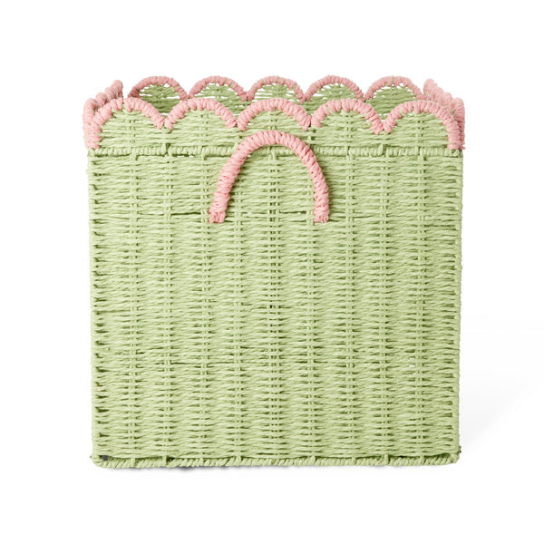Large Storage Basket - Green with Pink Scallop - Foldable - Rice Kids