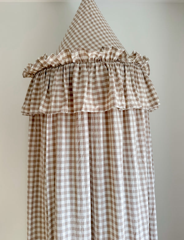 Gingham Bed Canopy - Fawn Beige - with Frilly Fringe