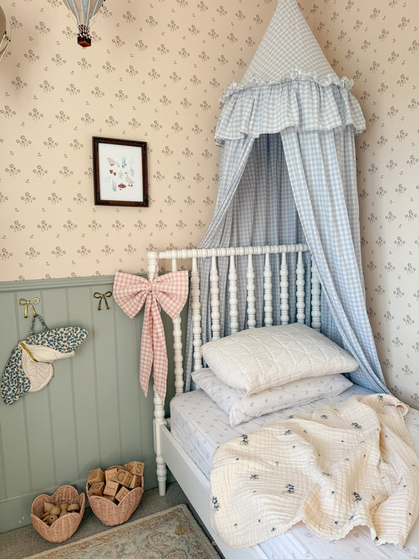 Gingham Bed Canopy - French Powder Blue - with Frilly Fringe
